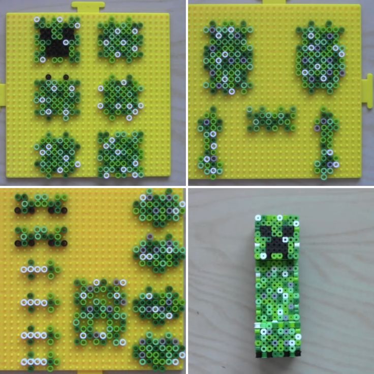 four different pictures of green legos with white dots on them, and one is made out of plastic beads