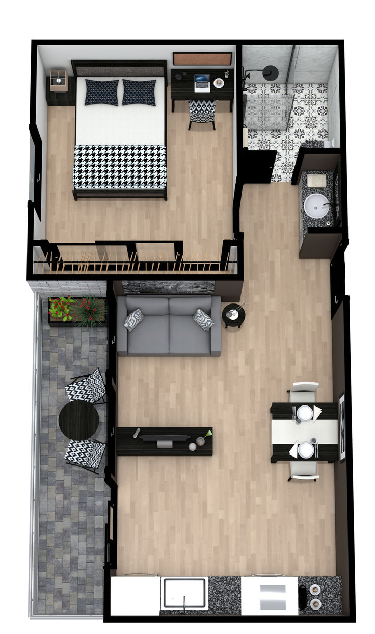 A black and white 3D floor plan with one bedroom, one bathroom, a single-wall kitchen, and a narrow balcony. Sims Small Apartment Layout, Small Places Ideas Tiny Apartments, Small Room Plan, Loft Plans Layout, Loft House Design Floor Plans, Small Apartments Interior, Tiny Apartment Layout, One Room Apartment Layout, One Bedroom Apartment Ideas Floor Plans