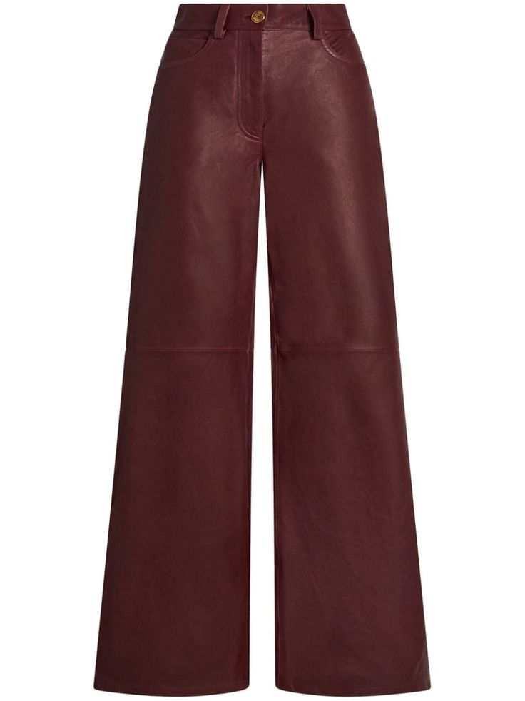 Find ETRO Wide-leg Leather Trousers on Editorialist. bordeaux red leather smooth grain belt loops mid-rise wide leg front button and zip fastening classic five pockets Wide Leg Leather Pants Outfit, Red Trousers, Oxblood Leather, Yoko London, City Dress, Red Pants, Leather Trousers, Summer Beach Wear, Lady Dior