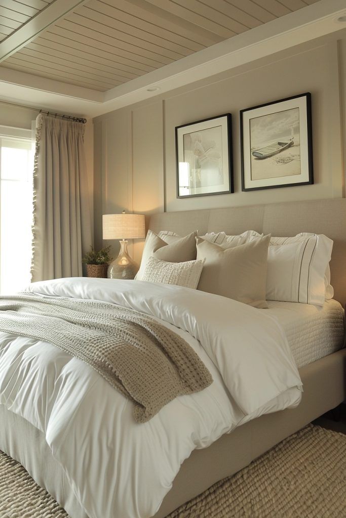 a large bed sitting in a bedroom next to two framed pictures