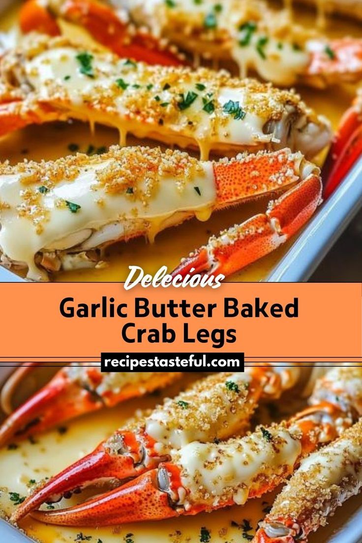 garlic butter baked crab legs in a baking dish