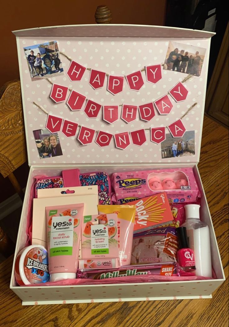 a birthday gift box filled with personal care items