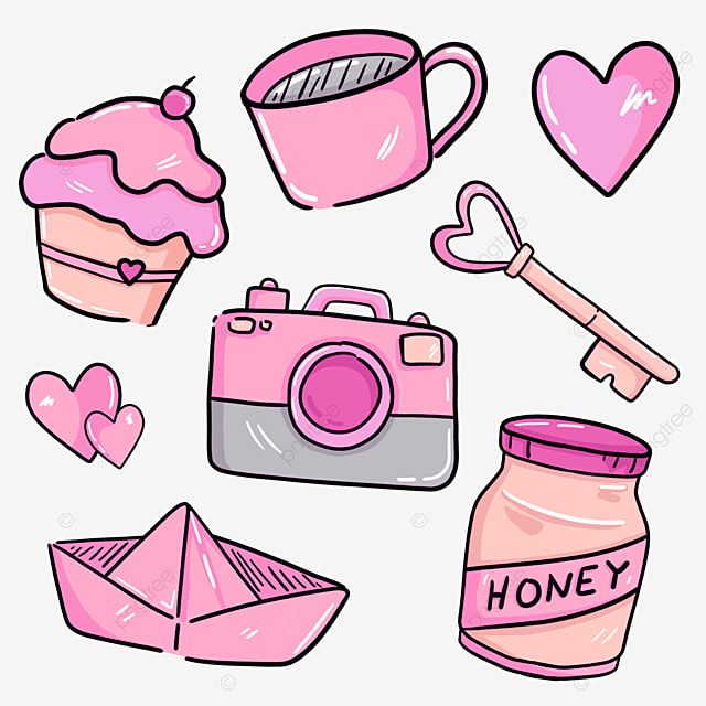 pink items are grouped together in the shape of hearts, cupcakes and other things