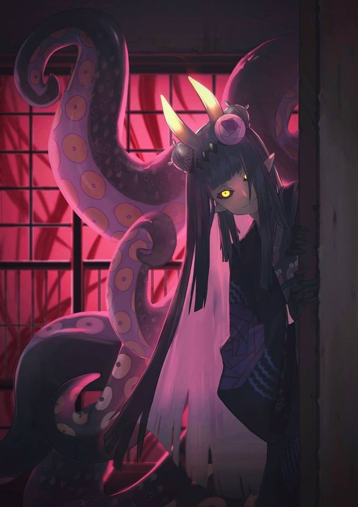 an anime character standing in front of a giant snake with yellow eyes and horns on her head