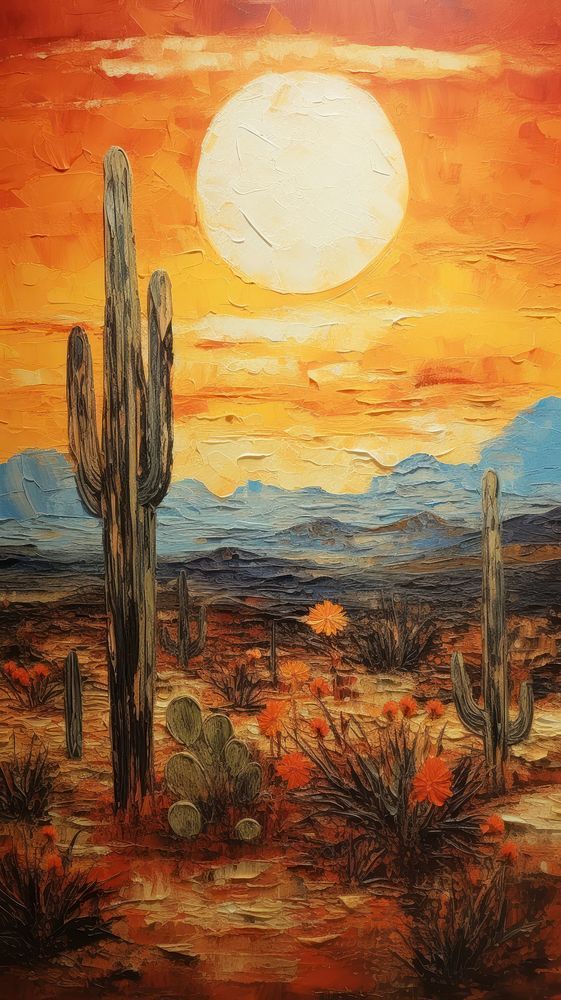 a painting of a desert scene with cactus trees