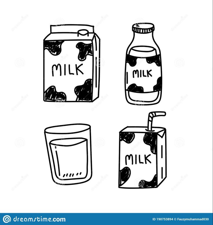 milk and milk jugs with the word milk on them, hand drawn in black ink