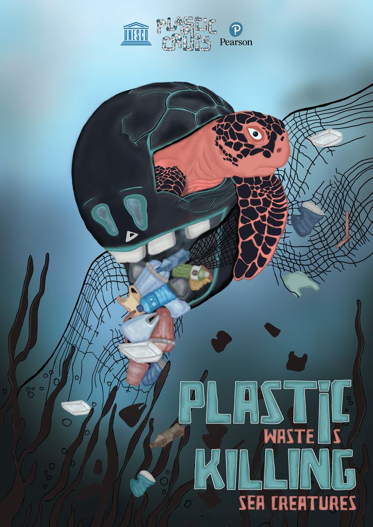 a poster with an image of a jellyfish in the ocean and plastic waste floating around it