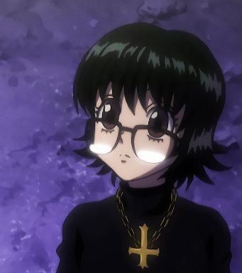 an anime character with glasses and a cross on his chest standing in front of a purple background