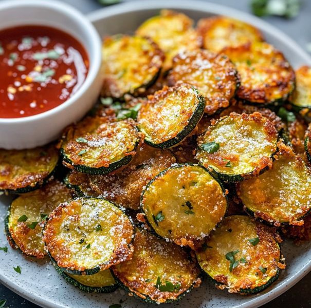 fried zucchini on a plate with dipping sauce