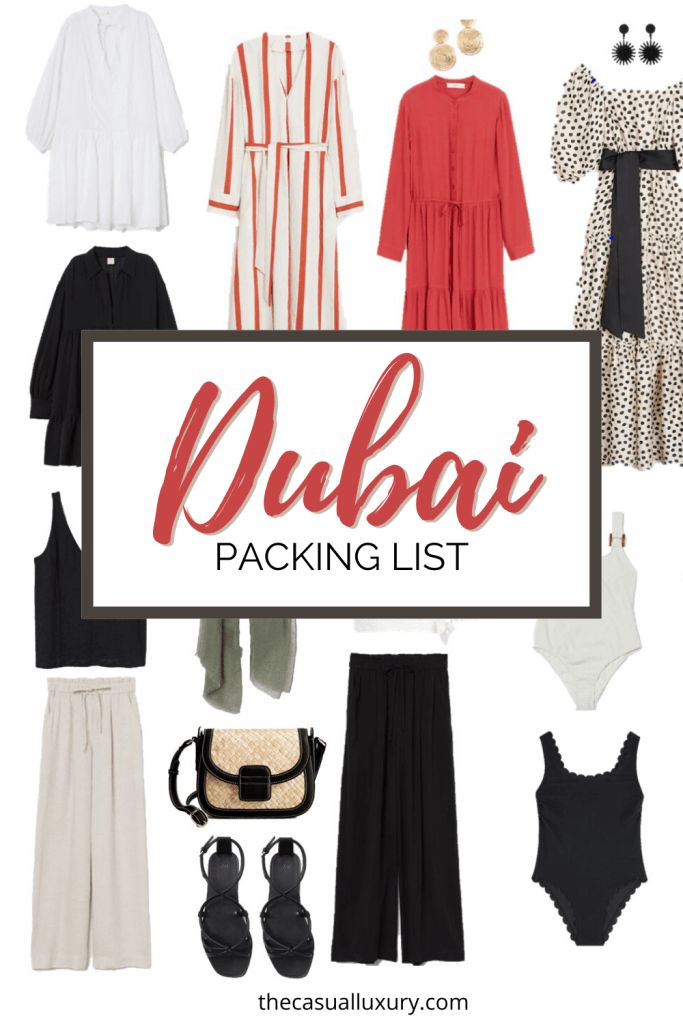 the packing list for dubai in red, white and black with text overlaying it