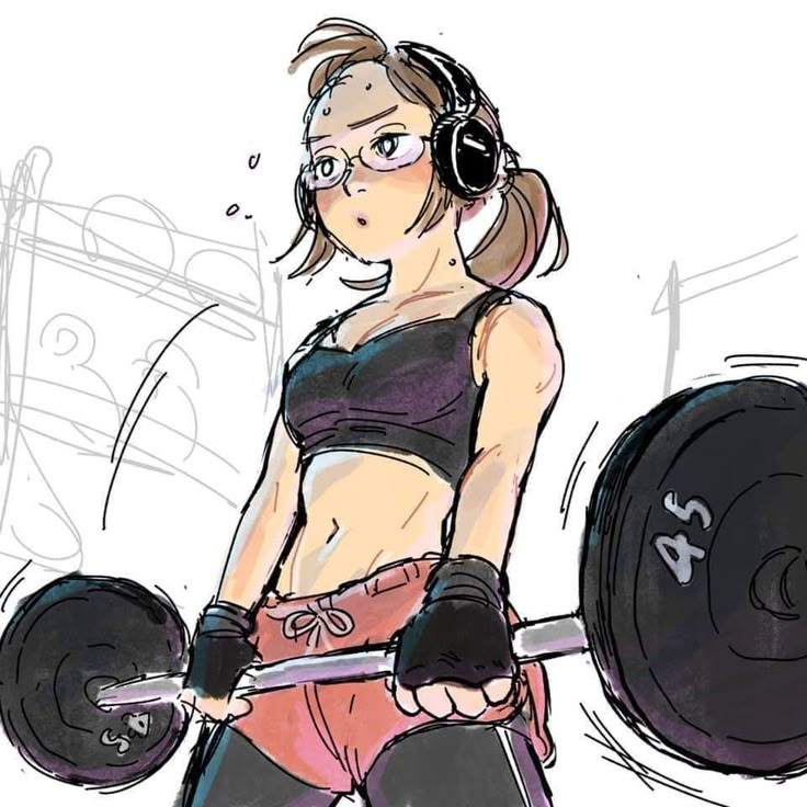 a drawing of a woman with headphones on holding a barbell in her hands