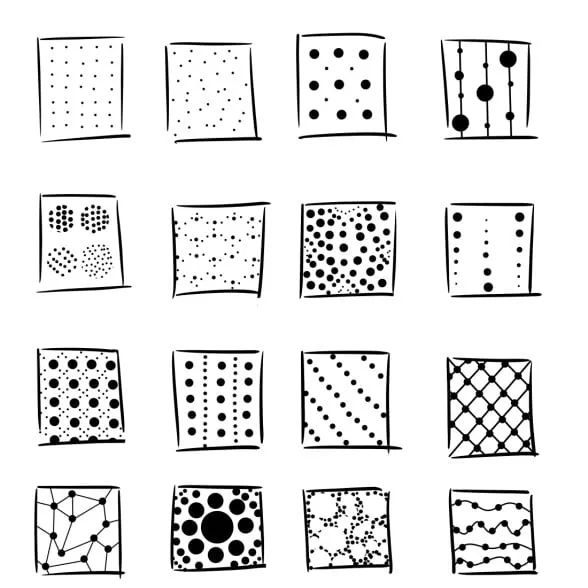 different shapes and sizes of dots on white paper with black marker pens, each drawn by hand