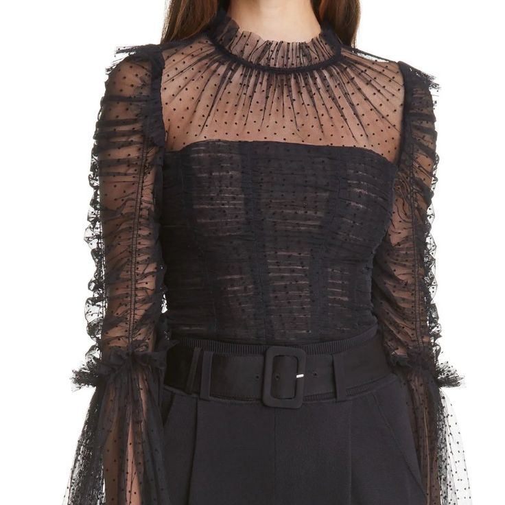 -Semi-Sheer Tulle Blouse -Black -Partially Lined -Back Zip/ Keyhole With Button-And-Loop Closure Designer Sheer Long Sleeve Tops, Designer Long Sleeve Blouse For Evening, Sheer Evening Top For Fall, Elegant Fall Blouse For Cocktail Occasions, Elegant Fall Blouse For Cocktail, Designer Party Tops For Fall, Designer Fitted Blouse For Night Out, Designer Fall Party Tops, Elegant Fall Cocktail Blouse