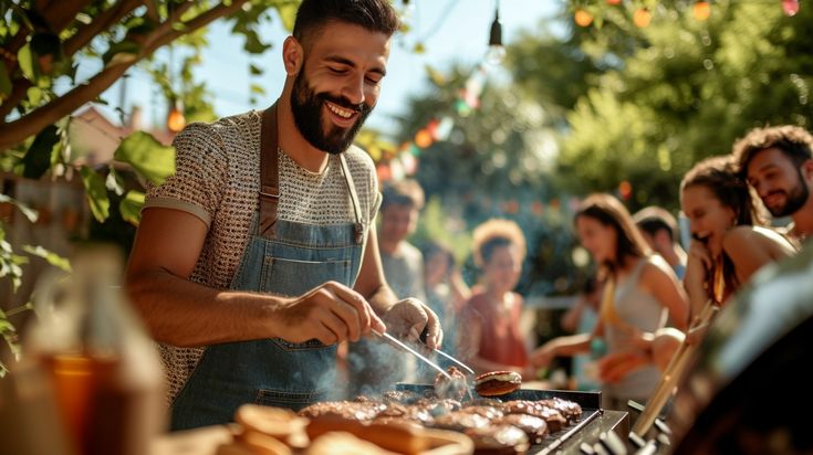 a man cooking food on top of a grill next to other people in the background