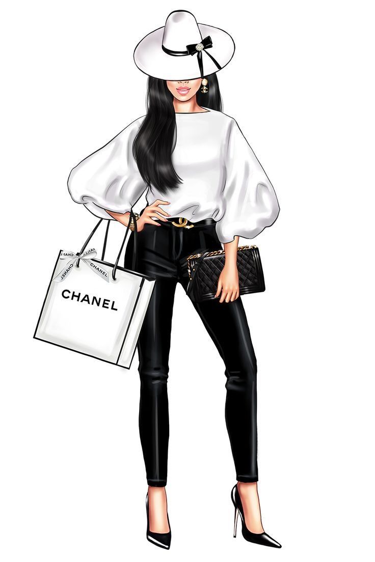 a drawing of a woman in black pants and a white shirt holding a chanel bag