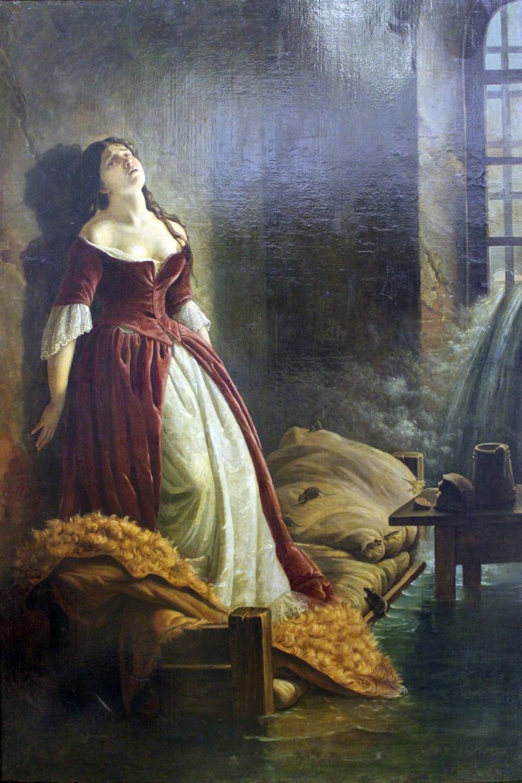 a painting of a woman in a red and white dress standing next to a bed