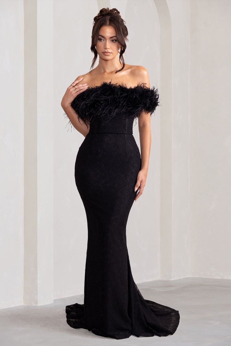 Delicate and glamorous, our Idyll maxi dress is everything you need for your exclusive winter nights. Carefully designed with our premium lace fabric creating the perfect hourglass figure, this black maxi features a sophisticated bardot neckline covered in delicate feather trim, feminine full-body lace detailing and statement corset bodice to cinch your figure to perfection. Look flawless with its lavish fishtail hemline and turn heads in this splendid maxi. The epitome of pure sophistication! Features - Bardot neckline - Feather trim - Fishtail hem - Premium lace fabric Sizing & Fit Model is 5’8 and wears UK size 8 / US size 4 Product Information Designed exclusively by Club L London Fully lined and with a good amount of stretchLace: (69% Viscose, 31% Polyamide)Main: (95% Polyester, 5% El Black Tie Dress Black Women, Heel Outfits, Prom Things, Body Lace, Winter Ball, Fishtail Maxi Dress, Christmas Dresses, Bardot Neckline, Black Tie Gala