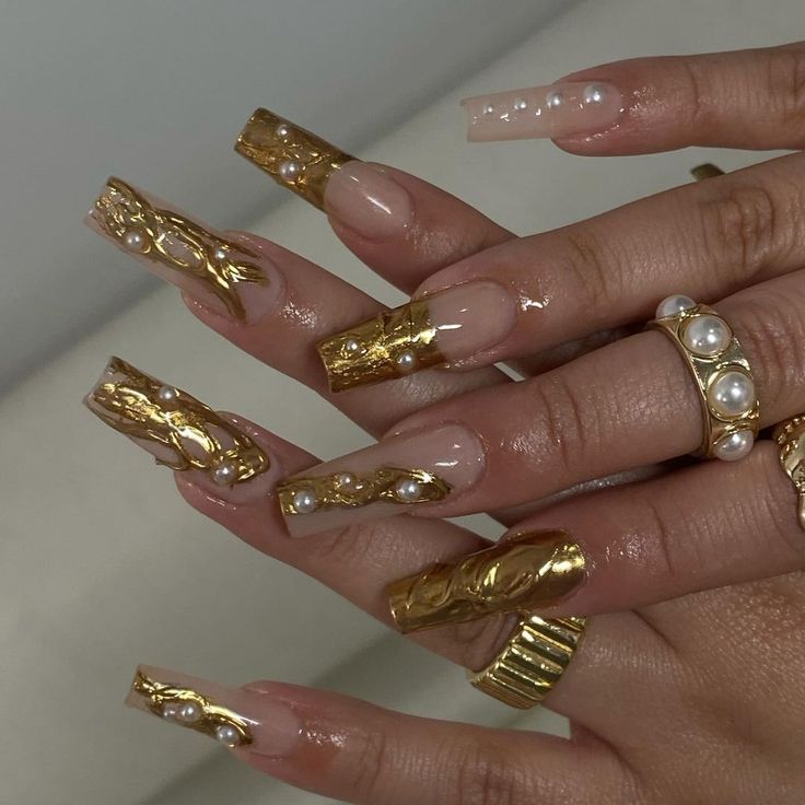 Gold Chrome Nails, Gold Acrylic Nails, Golden Nails, Retro Nails, Gold Nail, Long Acrylic, Pearl Nails, Unique Acrylic Nails, Bling Acrylic Nails