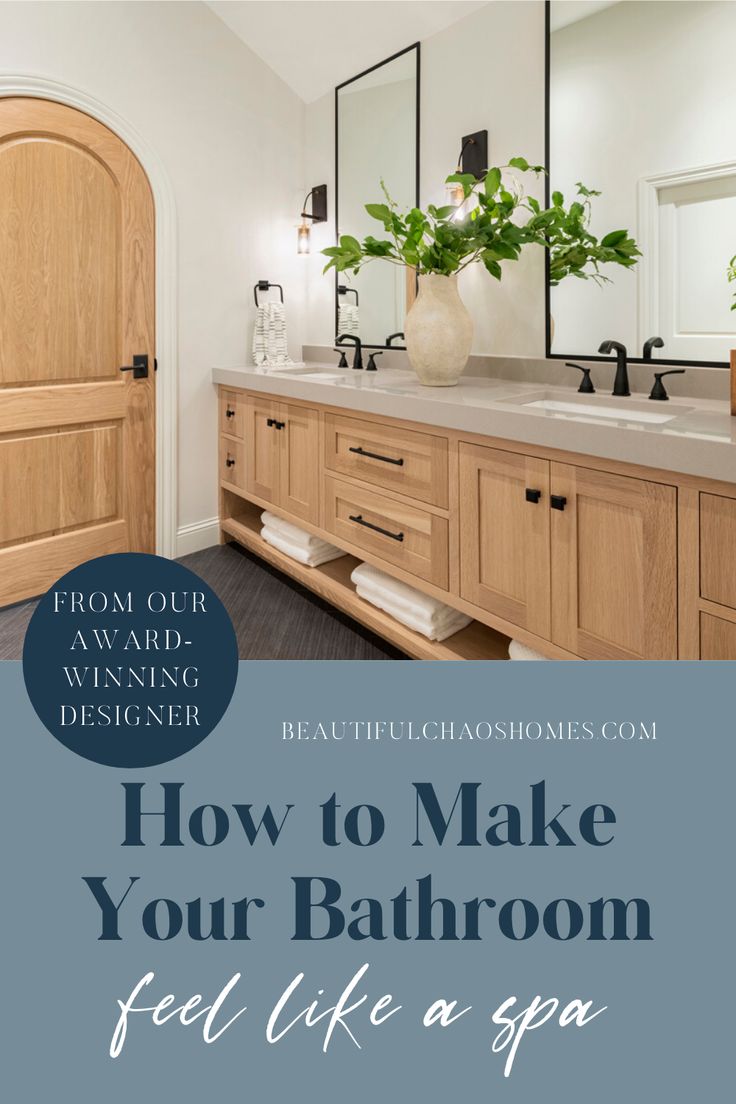 a bathroom with two sinks and mirrors on the wall next to it is an advertisement for how to make your bathroom feel like a spa