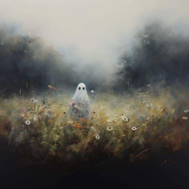 a painting of a ghost in a field with flowers