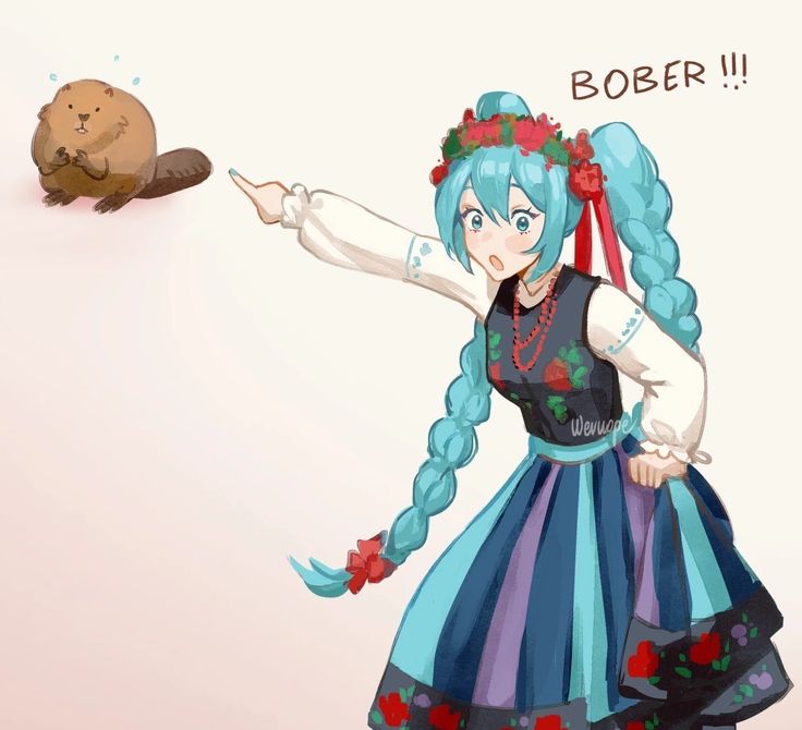 a drawing of a girl with blue hair pointing at a cat on her shoulder and the caption bober