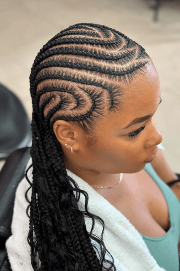 braided hairstyles, hair routine, hair styling Feed In Braids Cornrows With Curly Hair, Big Conrows Lines And Braids, Cornrow Parting Pattern, Patterned Cornrows, Conrows Lines And Braids 2024 Trends, Straight Back Stitch Braids With Design, Trending Cornrows Hairstyles, Weaving Hairstyles For Natural Hair, Long Cornrows Braids