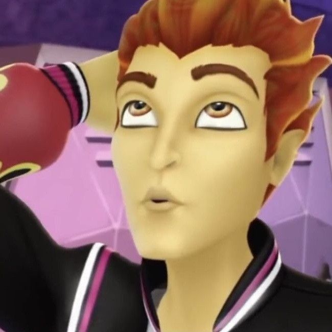 an animated image of a man with red hair and boxing gloves in front of a purple background