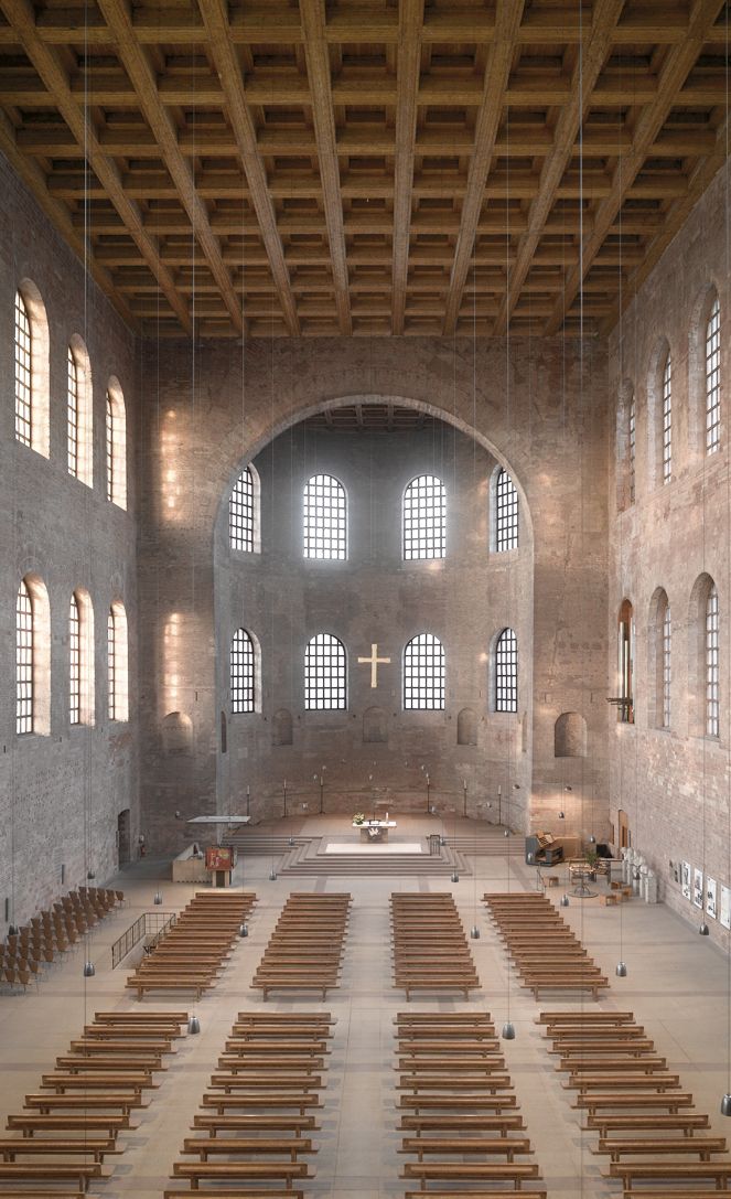 an empty church with rows of benches in front of the windows and lights on the ceiling