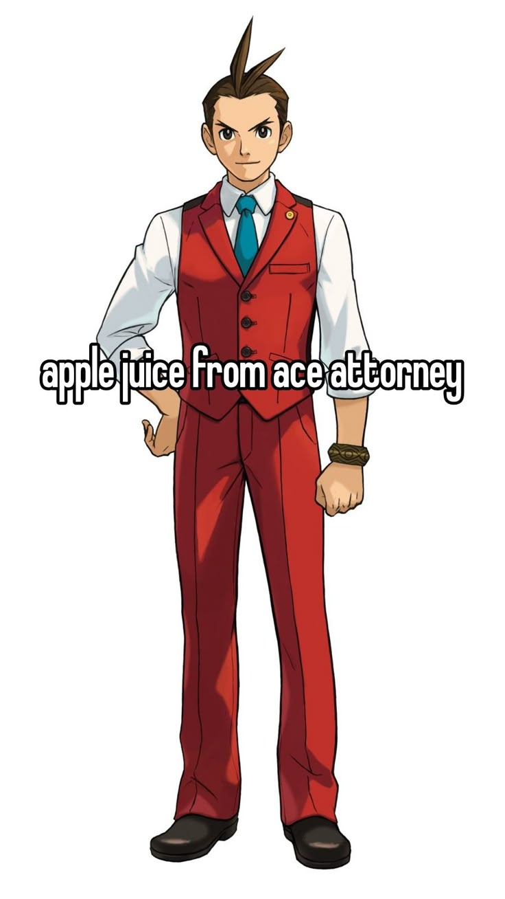 an anime character wearing a red suit and tie with the words apple juice from ace attorney