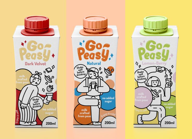 three cartons of go peasy milk on a yellow and pink background, one with an orange cap