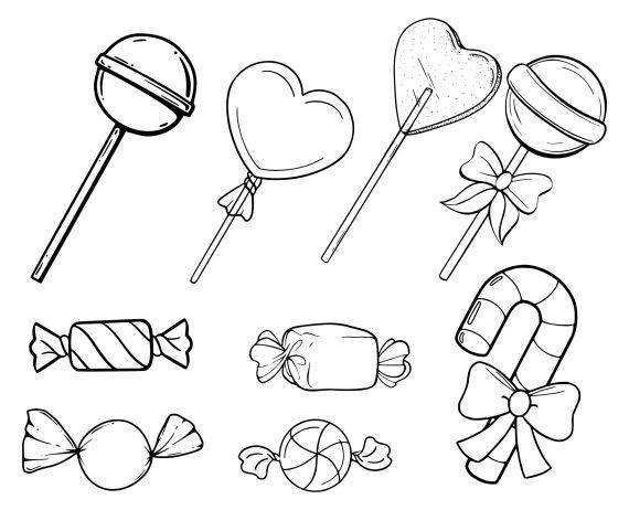 various candies and lollipops on a white background, hand drawn illustration