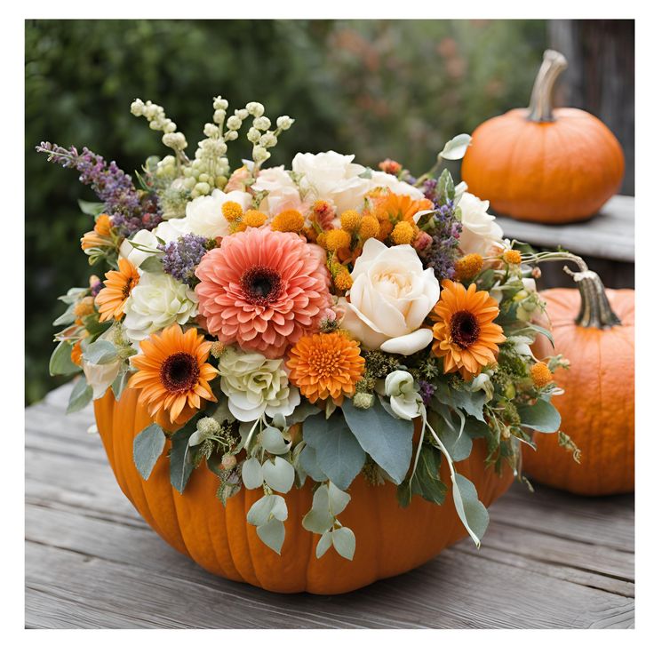 a pumpkin filled with flowers sitting on top of a wooden table