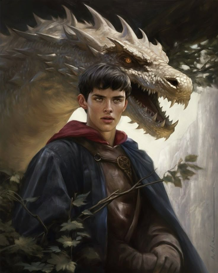 a painting of a young man with a dragon on his head and cape over his shoulders