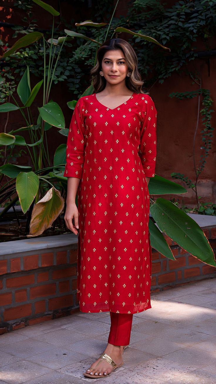 Bring on the festive spirit with our kurta set in hand embroidered chanderi silk. Fully lined kurta and pants. Made in chanderi silk. Dupatta in mul cotton with gold tikki details. Color of Kurta + Pants : Red. Color of Dupatta : Purple. Model height is 5.6” and is wearing a size S. Wash Care : Dry Clean Only. Slub Silk Kurta With Cutdana For Diwali, Red Palazzo Set With Chikankari Embroidery And Straight Kurta, Red Cotton Silk Bollywood Kurta, Red Bollywood Cotton Silk Kurta, Festive Slub Silk Kurta With Cutdana Detail, Festive Red Chanderi Kurta, Slub Silk Kurta With Gota Work For Eid, Navratri Palazzo Set With Straight Kurta And Gota Work, Festive Chikankari Embroidery Churidar For Diwali