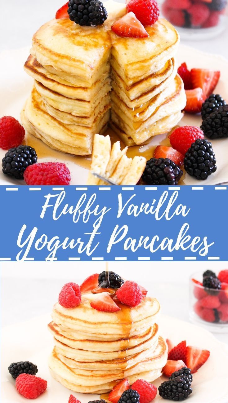 pancakes are stacked on top of each other and topped with berries