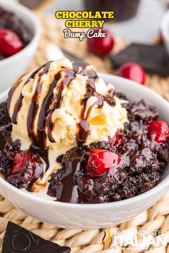 chocolate cherry dump cake in a bowl with ice cream