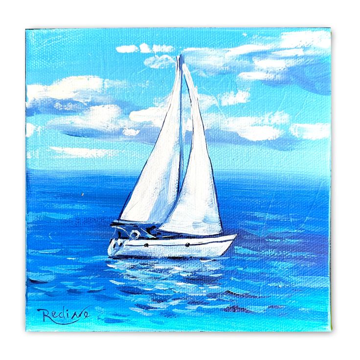 a painting of a sailboat floating in the ocean on a sunny day with blue sky and clouds