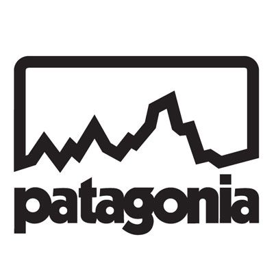 the logo for patagonia is shown in black and white, with mountains behind it