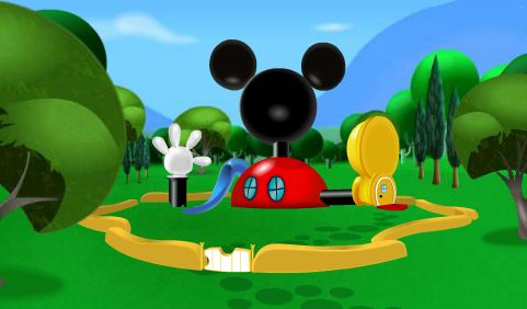 mickey mouse's house is in the middle of a cartoon park with trees and bushes