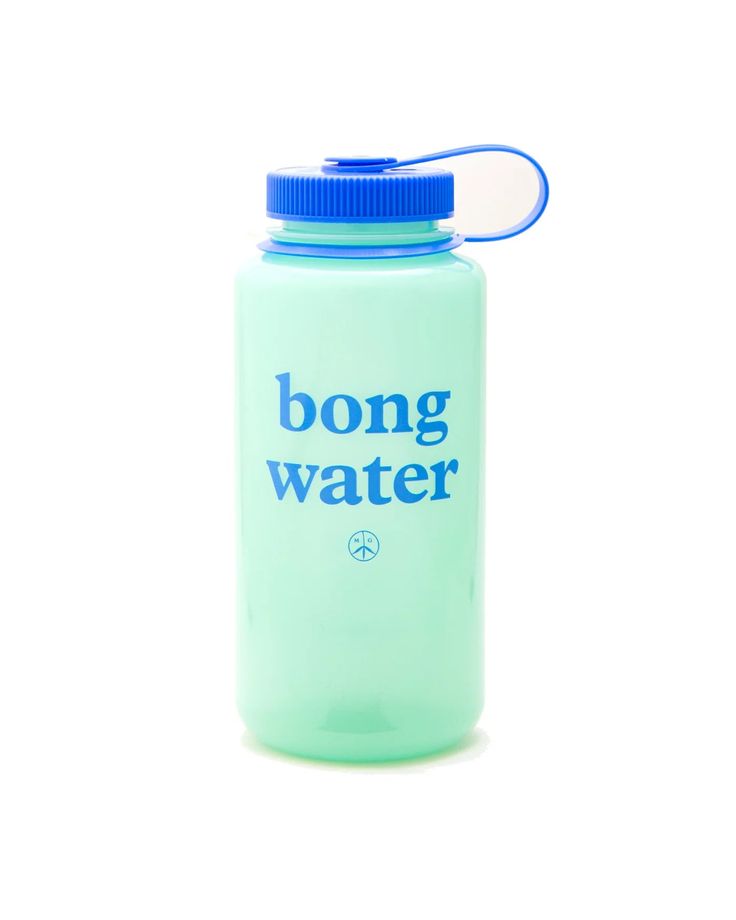 a blue water bottle with the words bong water on it's front and bottom