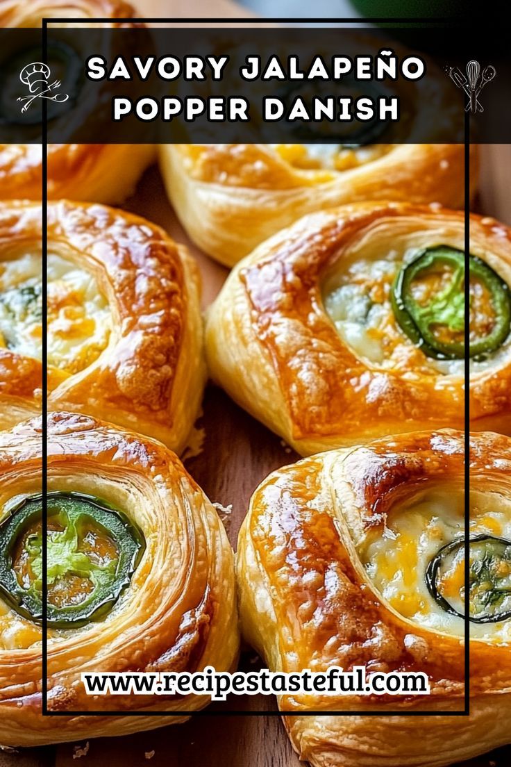 several different types of pastries on a wooden table with text overlay that reads savory jalapeno popper danish