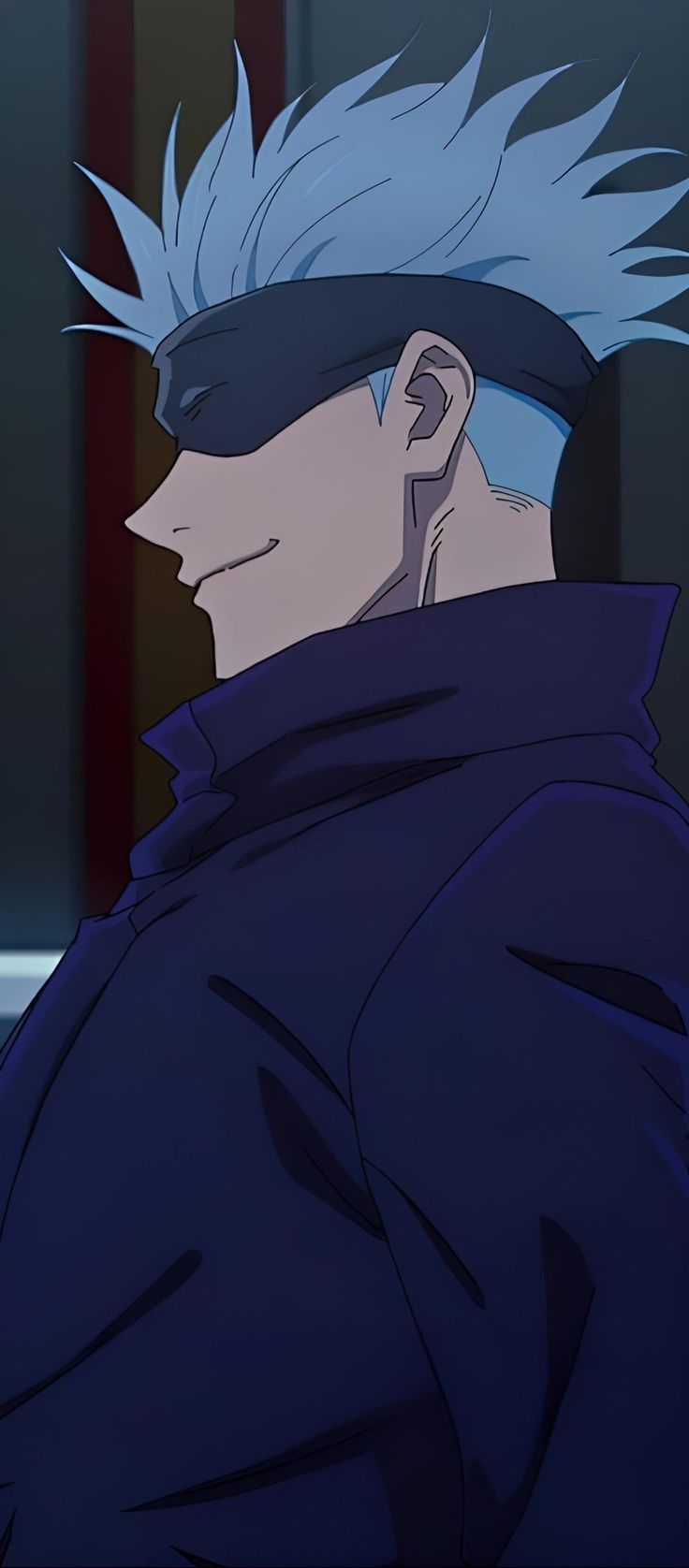 an anime character with blue hair wearing a black jacket and glasses looking off to the side