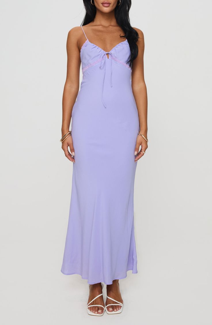 Move from date night to garden party without skipping a style beat in this slinky slip-style maxi dress traced with romantic lace. Hidden back-zip closure Sweetheart neck Spaghetti straps Unlined 100% recycled polyester Hand wash, line dry Imported Dress Lilac, Pink Formal Dresses, Romantic Lace, Lilac Dress, Satin Mini Dress, Style Maxi Dress, Designer Clothes For Men, Casual Tank Tops, Sweetheart Neck