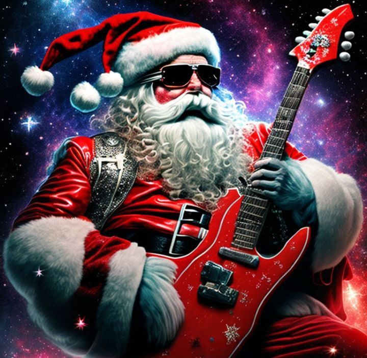 santa claus is playing the guitar in his red suit and sunglasses, while he's dressed up for christmas