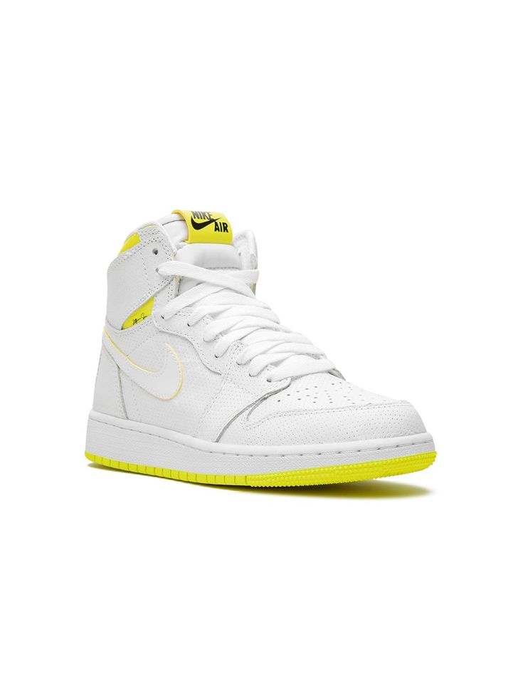 white/dynamic yellow leather/rubber signature Swoosh logo detail perforated detailing front lace-up fastening logo patch at the tongue ankle-length rubber sole These styles are supplied by a premium sneaker marketplace. Stocking only the most sought-after footwear, they source and curate some of the most hard to find sneakers from around the world. Jordans For Kids, First Class Flight, Painted Nikes, Jordan Shoes Girls, Fashion Shoes Heels, Jordan Air, Air Jordan 1 Retro High Og, Air Jordan 1 Retro High, Hype Shoes