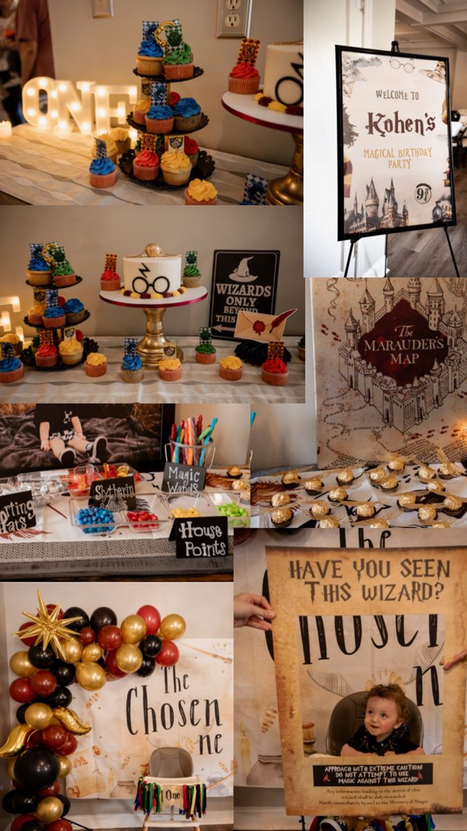 a collage of photos with cakes, cupcakes and other items on display