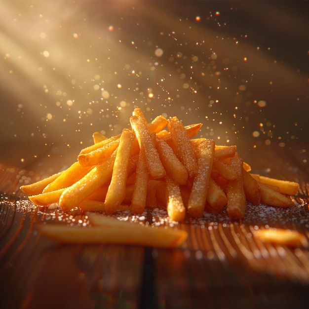 french fries are piled on top of each other in front of the sun shining down