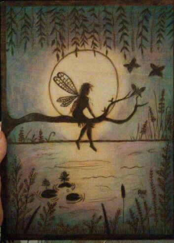 a painting of a fairy sitting on a tree branch in front of the moon and water