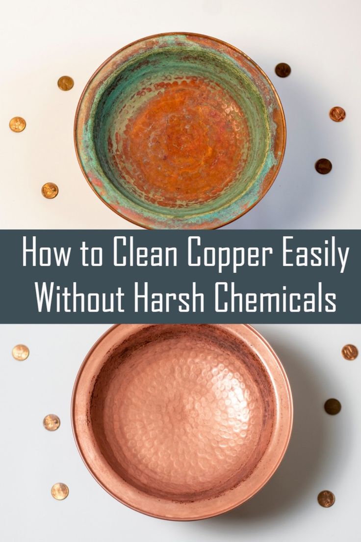 copper and green dishes with text overlay how to clean copper easily without harsh chemicals