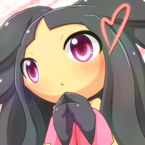 an anime character with long black hair and pink eyes